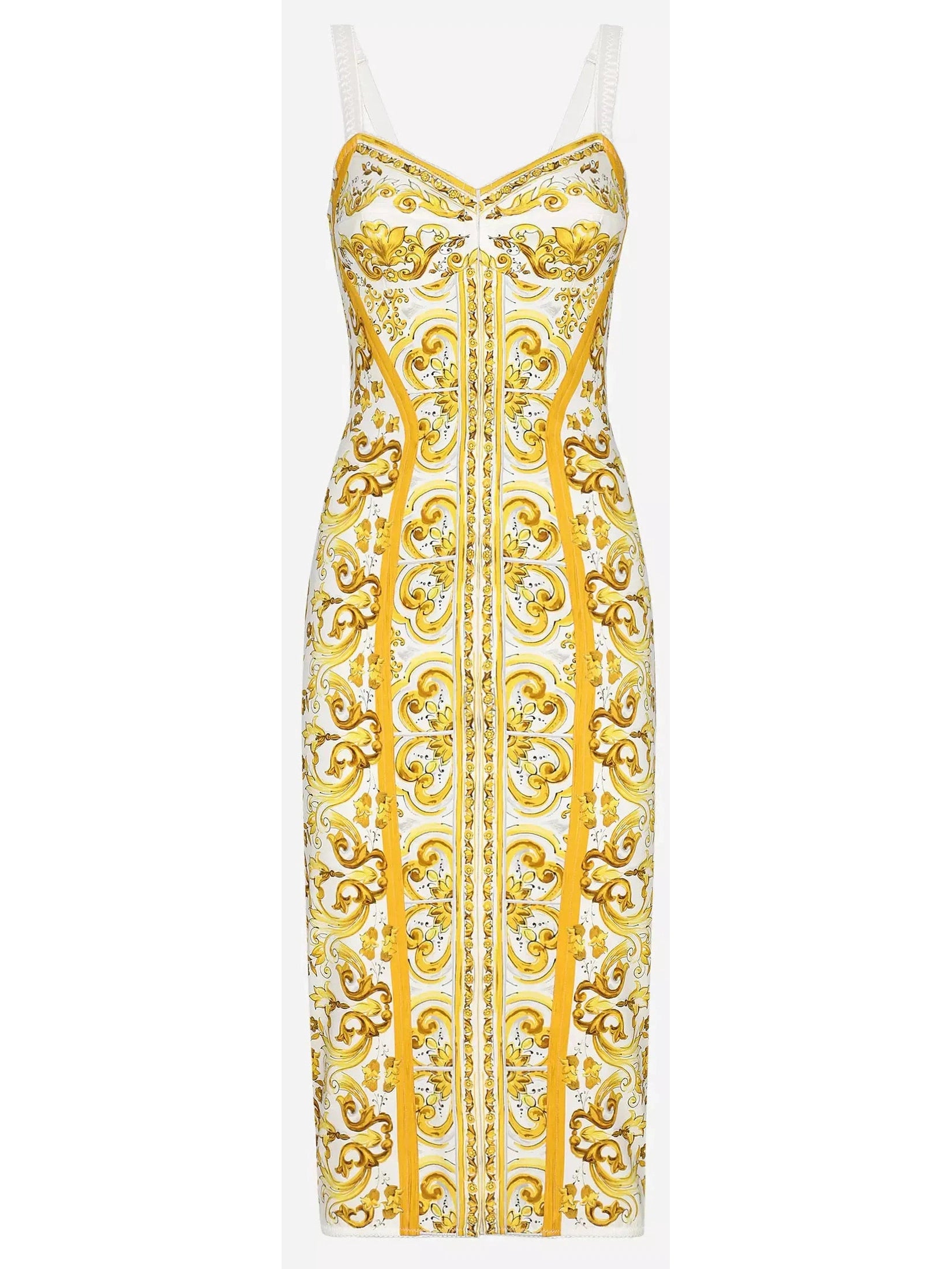 Majolica Italian Print Charmeuse Silk Corset Dress in Yellow and White