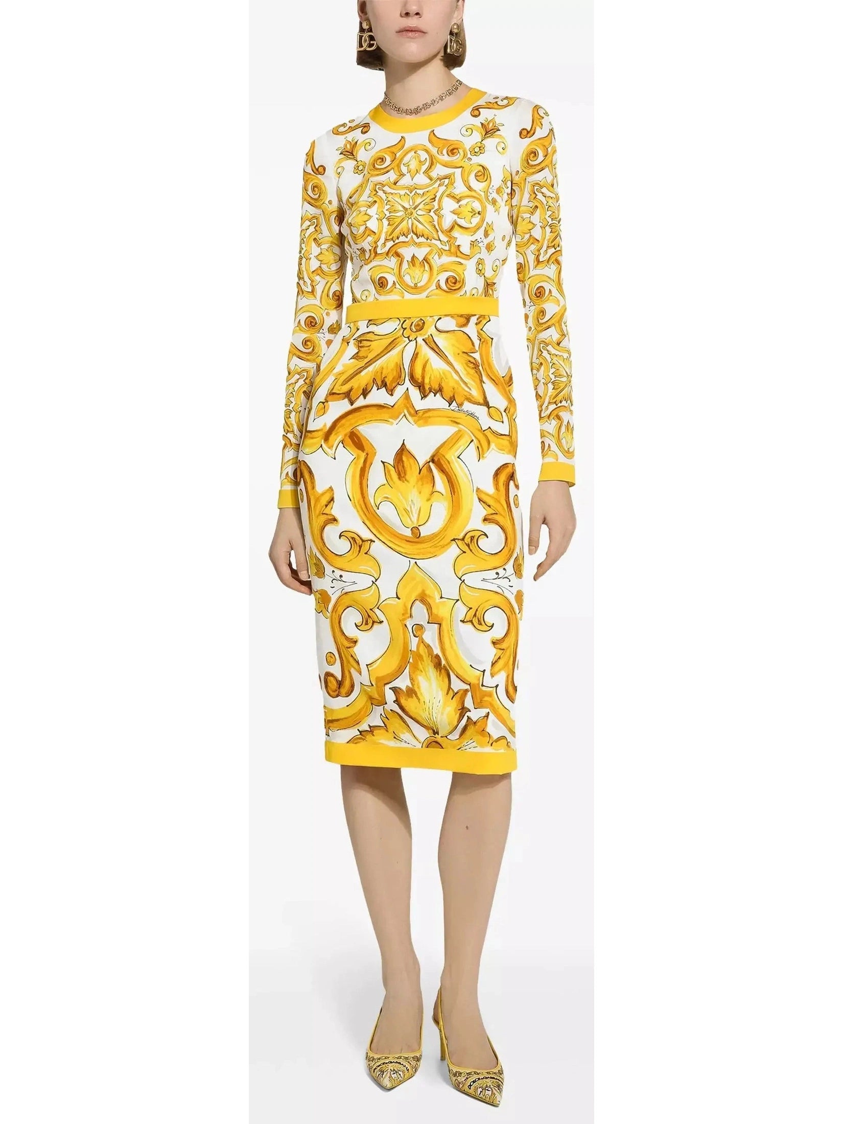 Majolica Italian Printed Charmeuse Silk Calf-Length Sheath Dress