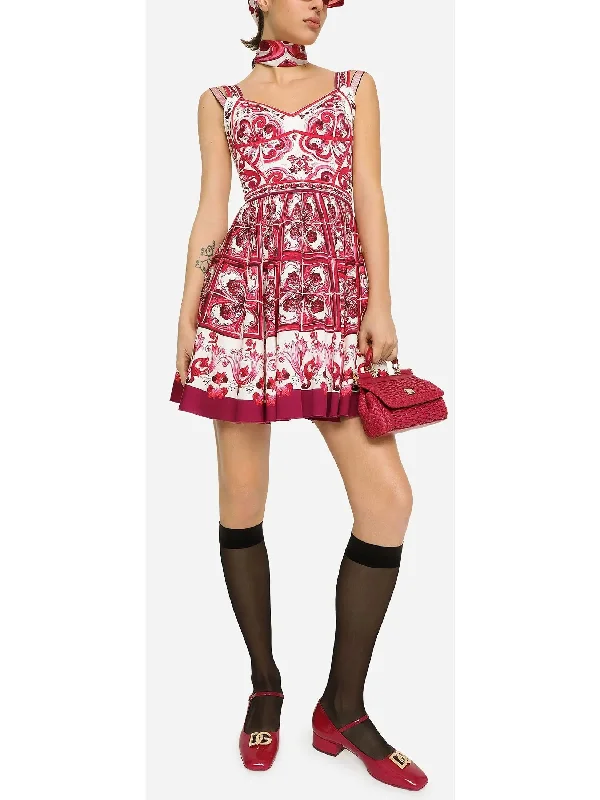 Majolica Print Short Charmeuse Bustier Dress, Red