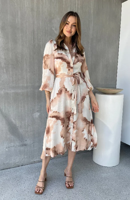 Merida L/Sleeve Nude/Beige Button Front Satin Dress