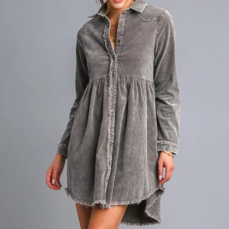 Mineral Wash Button Down Dress in Mushroom
