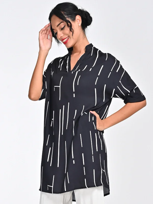 Modal Black Cedar Printed Mandarin Collar Dress