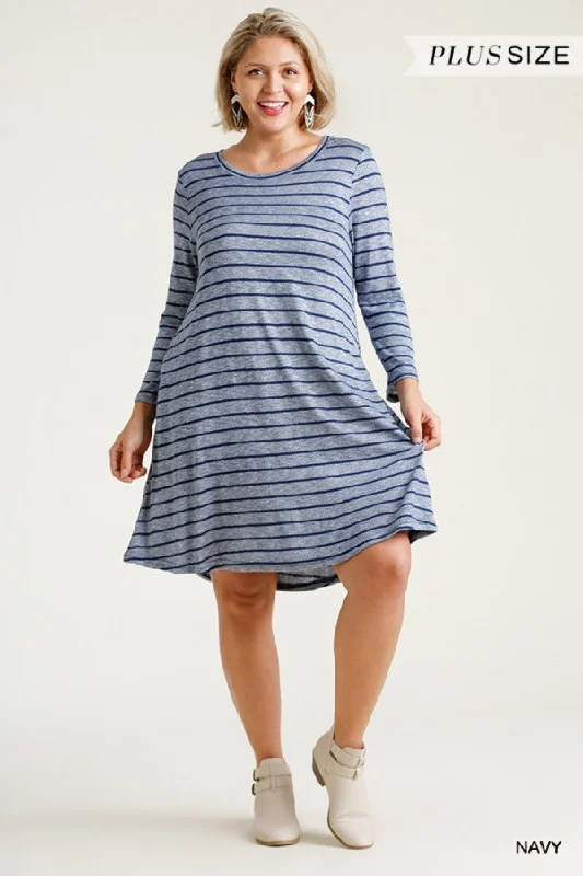 Umgee Boutique Plus Size Navy Striped Round Neck 3/4 Sleeve Dress with Pockets