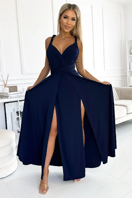 Numoco 509-1 Elegant long dress tied in many ways - navy blue