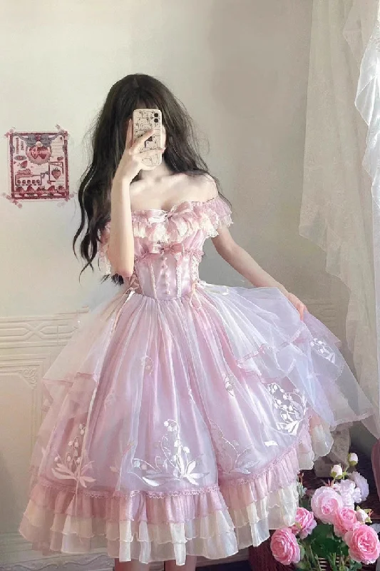 Pink [Love Is Coming] Multi-layer Ruffle Embroidery Bowknot Sweet Princess Lolita Jsk Dress