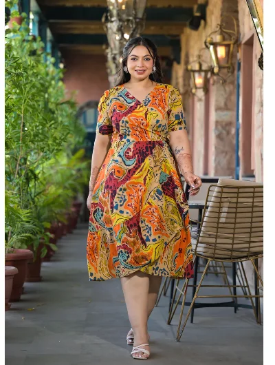 Plus Size Mustard Multicolor Cotton Printed Dress