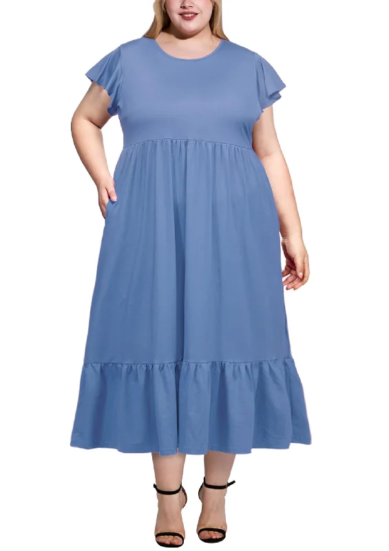 Plus Size Summer Dress Crew Neck Ruffle with Pockets-Blue