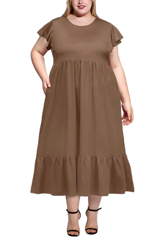 Plus Size Summer Dress Crew Neck Ruffle with Pockets-Khaki