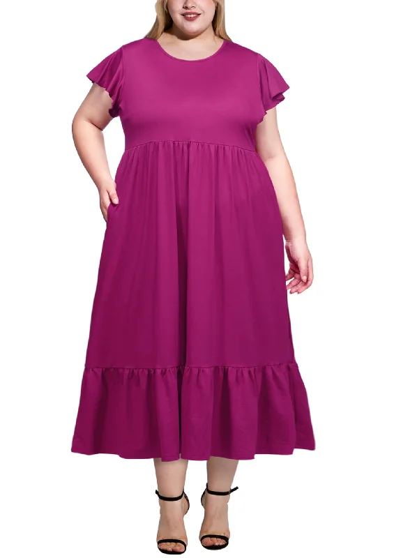 Plus Size Summer Dress Crew Neck Ruffle with Pockets-Plum