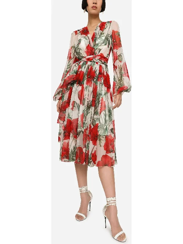Poppy-Print Chiffon Calf-Length Dress