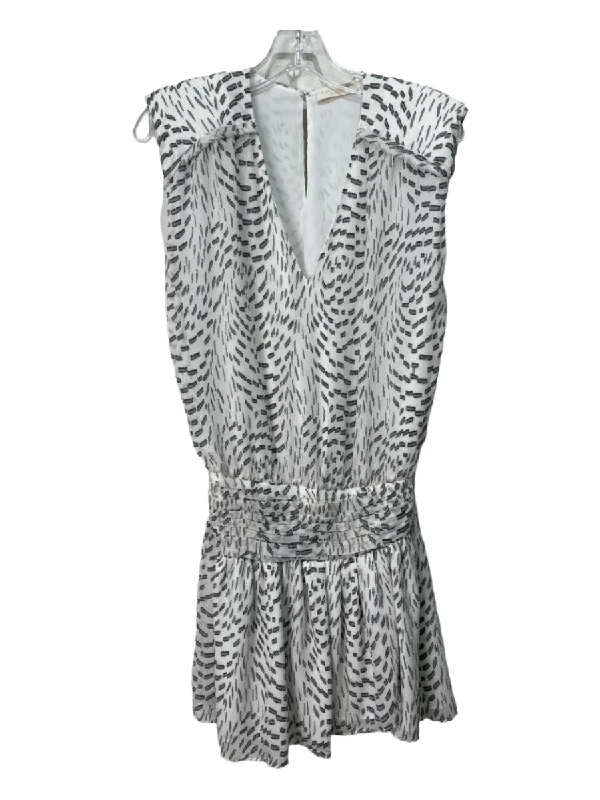Ramy Brook Size XS White & Gray Silk Blend V Neck Textured Smocked Back Dress
