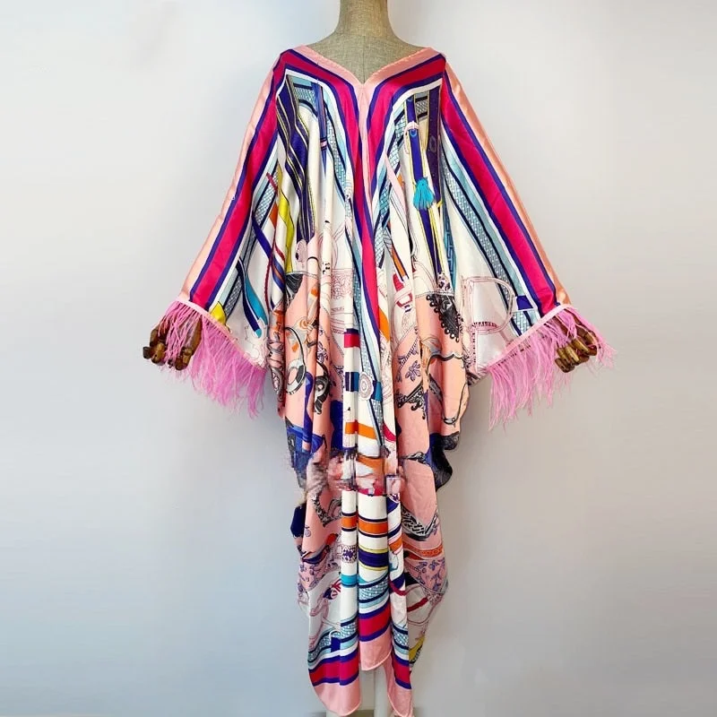 Rose Bliss Feathered Kaftan Dress
