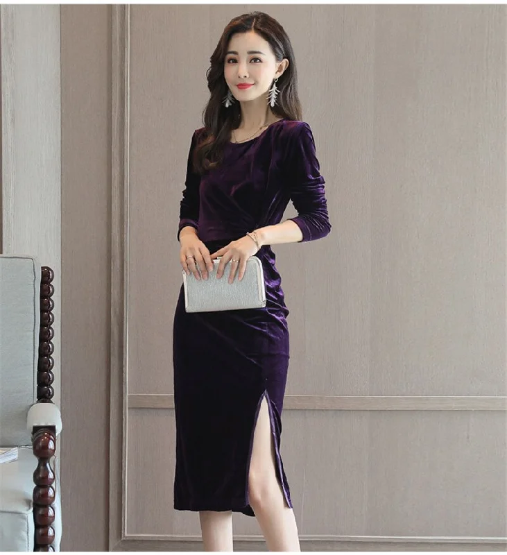 Round Neck Slit Velvet Dress CODE: READY817