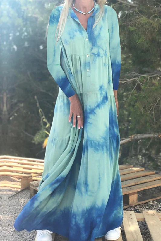 Ruffled Tie-dye Buttoned Swing Dress