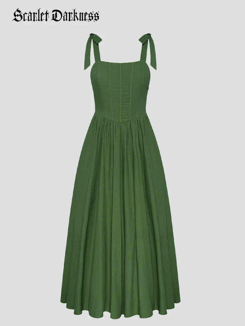 Women Renaissance Bow Straps Pocket Dress