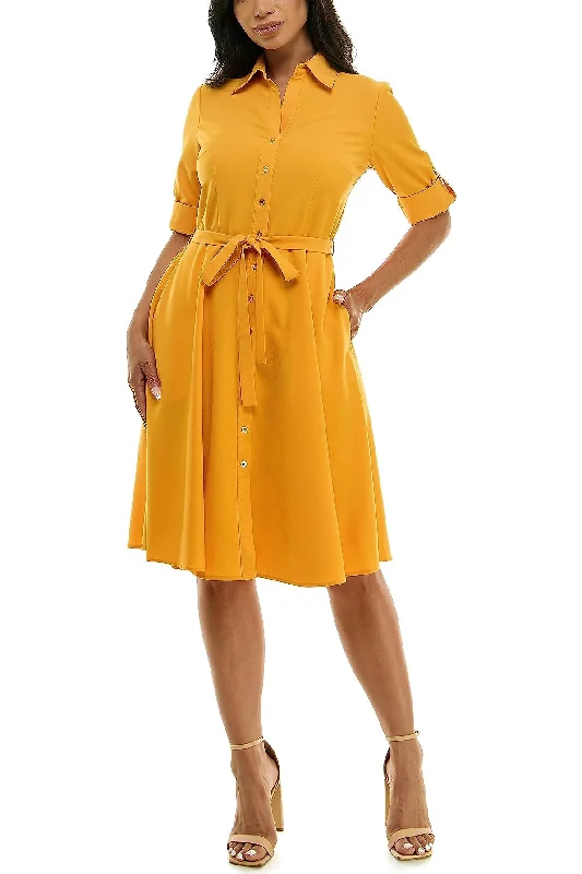 Sharagano Collared Short Tie Waist Solid Scuba Crepe Dress