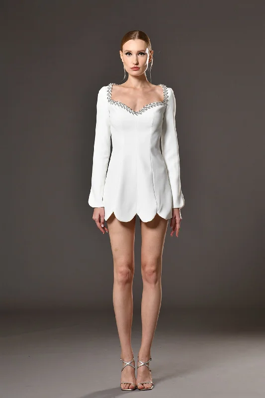 Short crepe dress with embroidered neckline