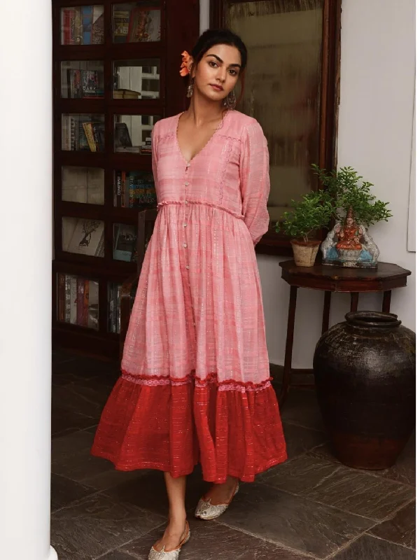 Soft Pink & Red Cotton Lurex Ethnic Dress with Lace-Details