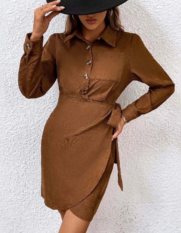 Solid-color Lapel Button Pocket Belted Corduroy Short A-Line Dresses