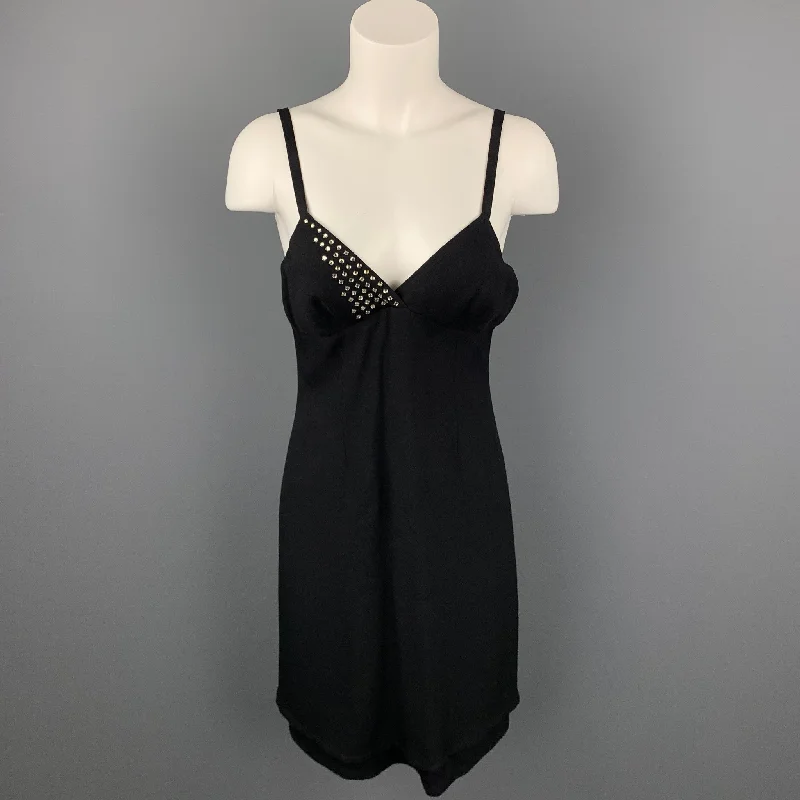 SONIA RYKIEL Size 6 Black Rhinestone Acetate / Viscose Spaghetti Strap Cocktail Dress