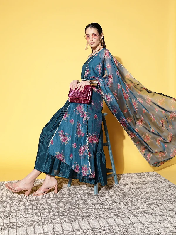 Sunehri Women's Silk Blend Teal Solid Fit & Flare Belted Dress with Dupatta