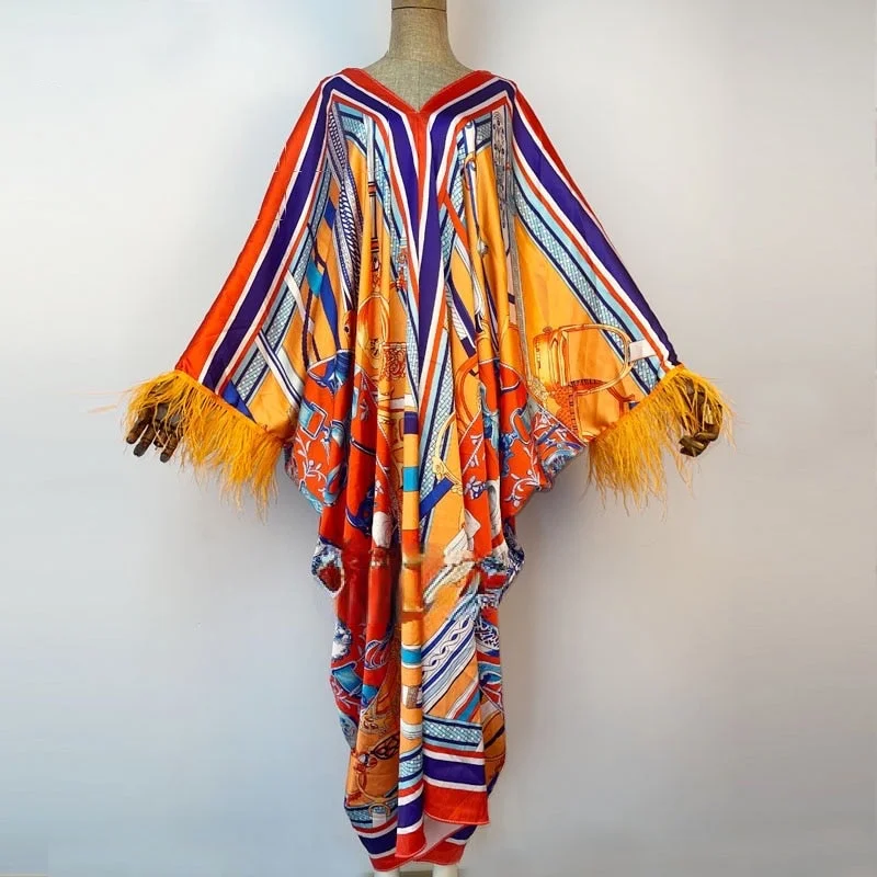 Sunset Serenade Feathered Kaftan Dress