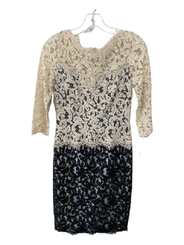Tadashi Shoji Size 4P Cream & Black Cotton Blend 3/4 Sleeve Lace Overlay Dress