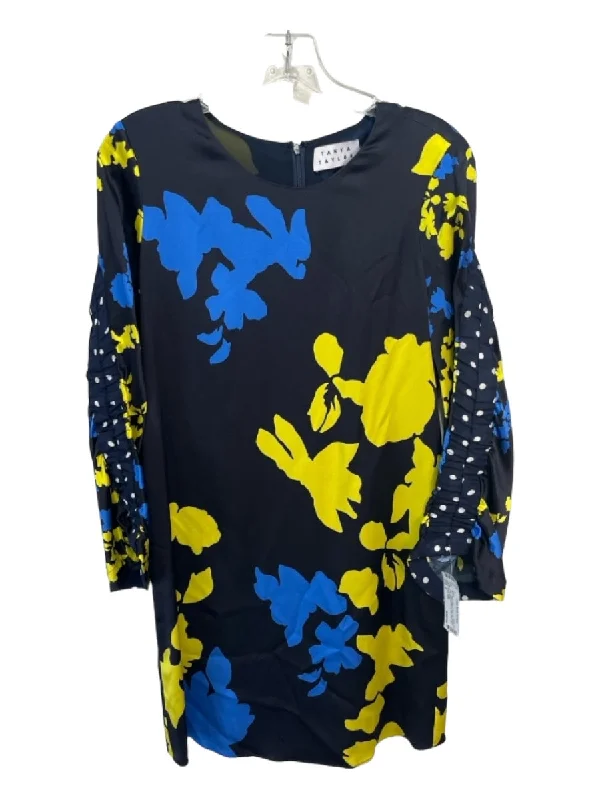 Tanya Taylor Size 2 Black Yellow & Blue Silk Abstract Long Gathered Sleeve Dress