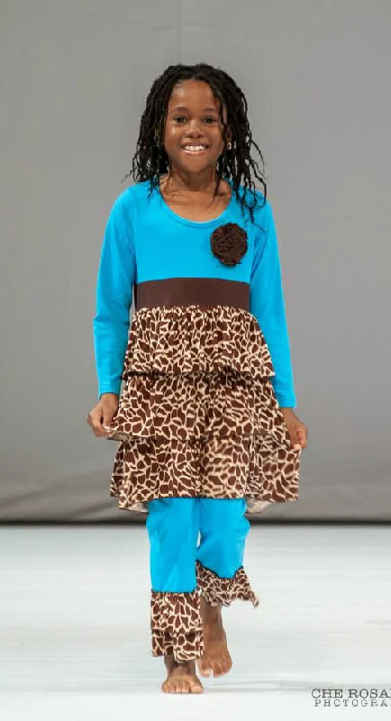 Turquoise and Brown Giraffe Print Girls Dress