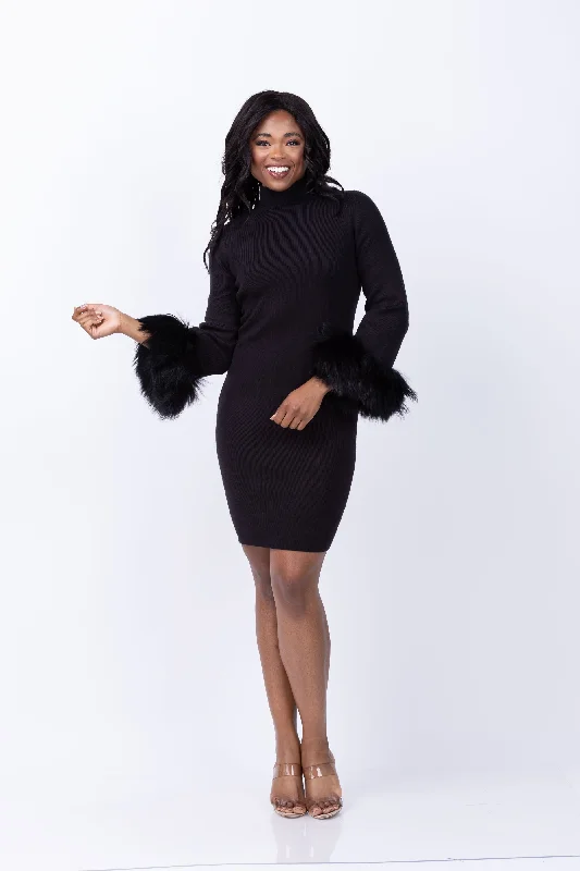 Tyler Boe Sloane Fur Trimmed Knit Dress in Black