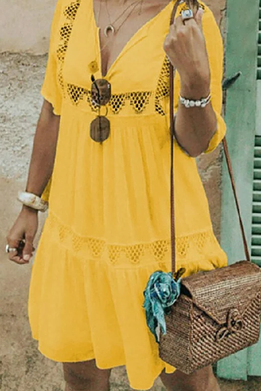 V-neck Cutout Ruffled Swing Dress