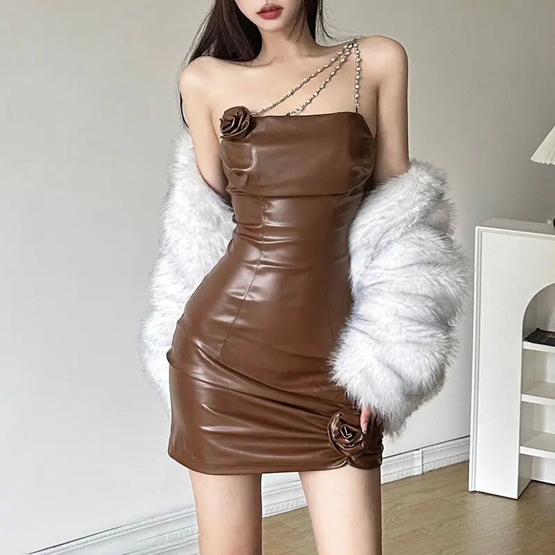 Women Vintage Brown Strapless Slim Dress