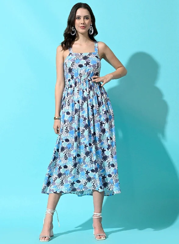 SMERA MART Women Western Summer Rayon Printed A Line Dress - Blue
