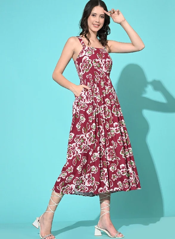 SMERA MART Women Western Summer Rayon Printed A Line Dress - Maroon