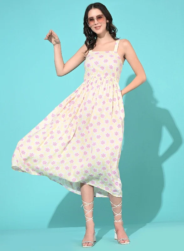 SMERA MART Women Western Summer Rayon Printed A Line Dress - Yellow