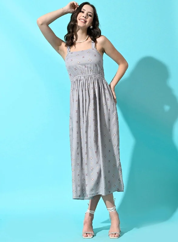 SMERA MART Women Western Summer Rayon Printed A Line Dress - Grey