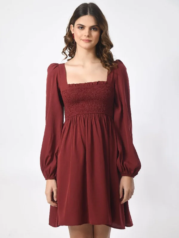 SMERA MART Womens Smocked Square Neck Knee Length Dress