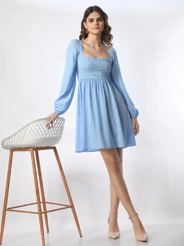 SMERA MART Womens Smocked Square Neck Knee Length Dress