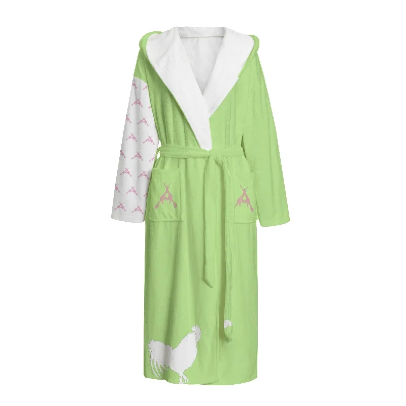 #514 cocknload Unisex Flannel Hooded bath robe -in lime w gun print Hoodie with Mock Neck Collared Structured