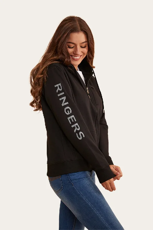 Alaska Womens Zip Thru Hoodie - Black Hoodie with Hem Lace Feminine Delicate