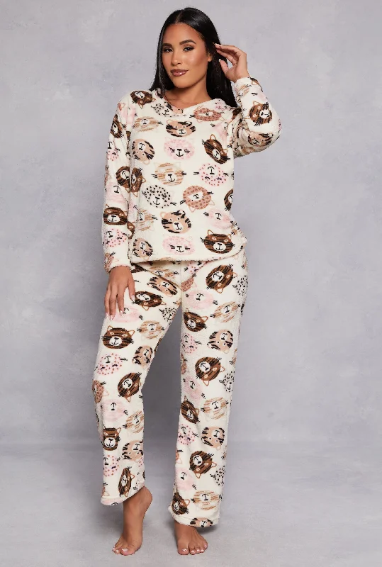 Plush Animal Face Print Pajama Top and Pants Set Cozy Fitted Pants