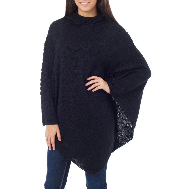 Black Peruvian Alpaca Hooded Poncho Hoodie with Hem Detail Decorative Unique