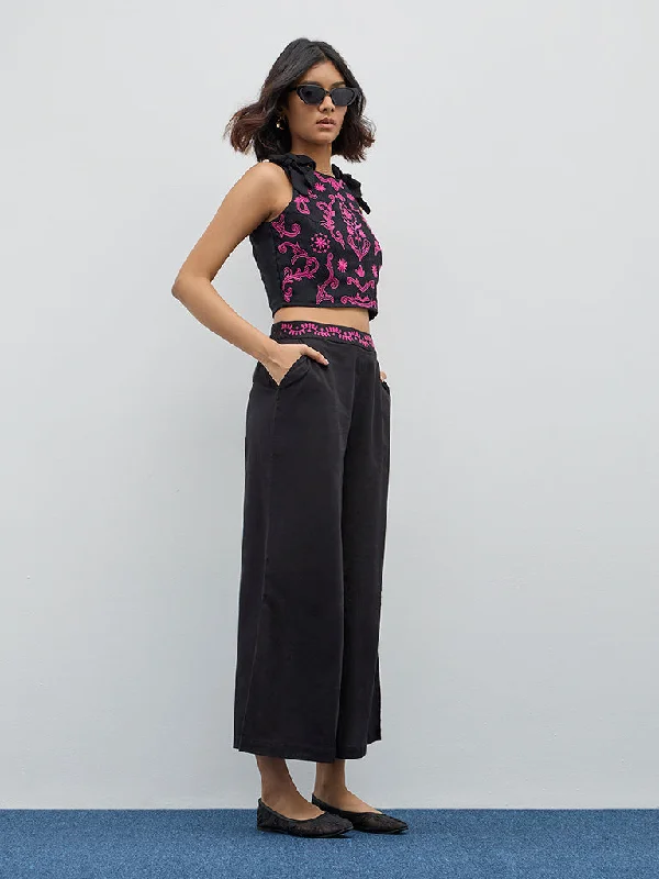 Bombay Paisley Black Embroidered High-Rise Cotton Pants Comfy Cargo Trousers