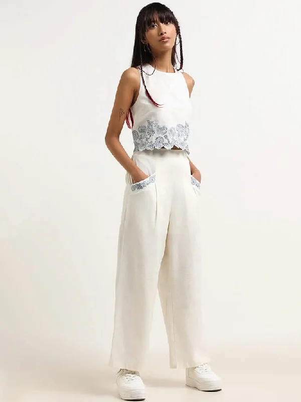 Bombay Paisley White Embroidered Cotton Blend Pants Trendy Wide-Legged Trousers