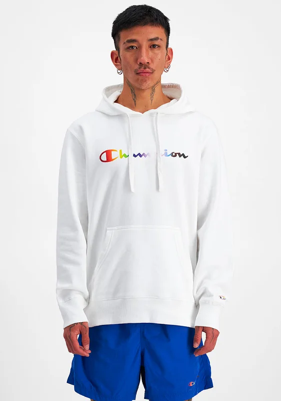 Champion Mens Athletic Pride Script Hoodie <BR> AURCN WIT Hoodie with V-Neck Classic Versatile