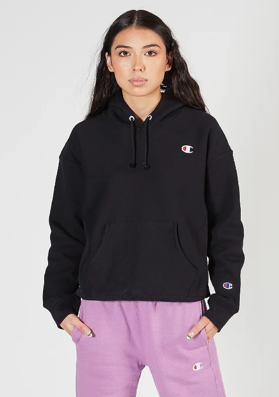 Champion Womens Reverse Weave C Logo Regular Fit Hoodie Black <br> CWFBN BLK Hoodie with Hem Elastic Stretchable Comfortable