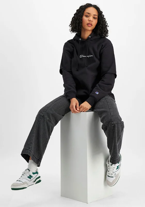 Champion Womens Reverse Weave Liquid Layer Black Hoodie Silver Logo <br> CT4EN BLK Hoodie with Toggle Buttons Decorative Unique