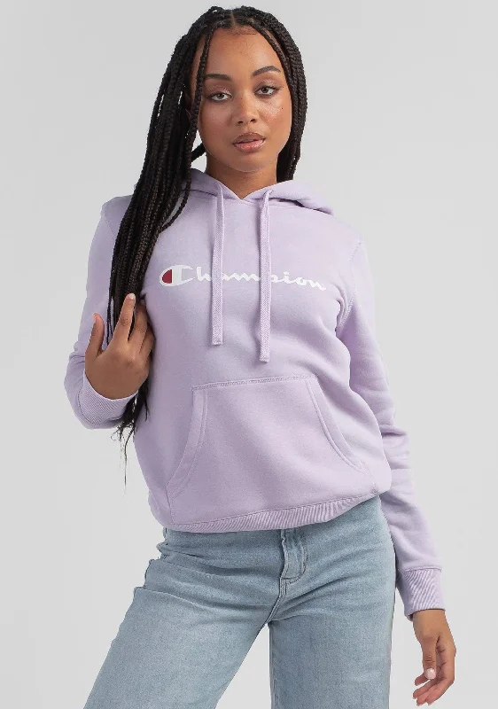 Champion Womens Script Logo Hoodie Lilac <br> CWG4N XMC Hoodie with Hem Fringe Bohemian Relaxed