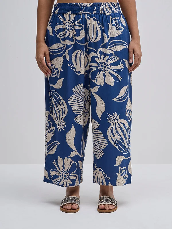 Diza Indigo Floral Design High-Rise Ethnic Pants Chic Checkered Pants