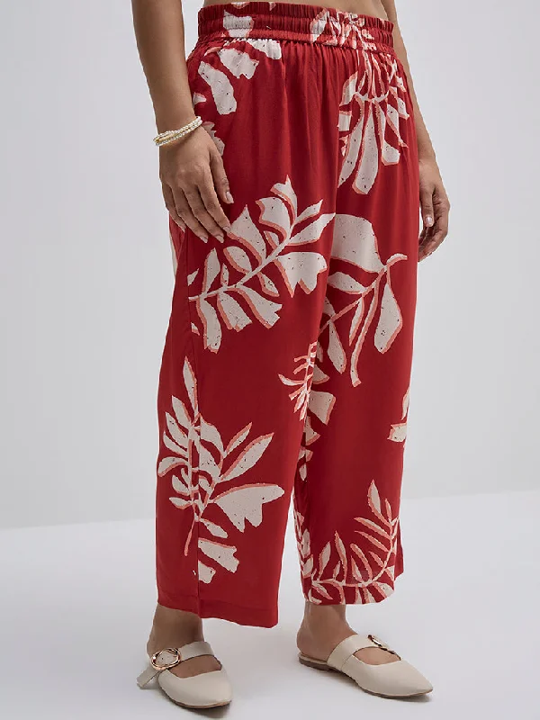 Diza Red Leaf Printed High-Rise Ethnic Pants Casual Wide Pants